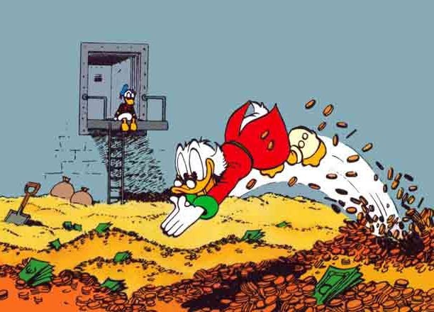 Donald Duck jumping into a pool of coins